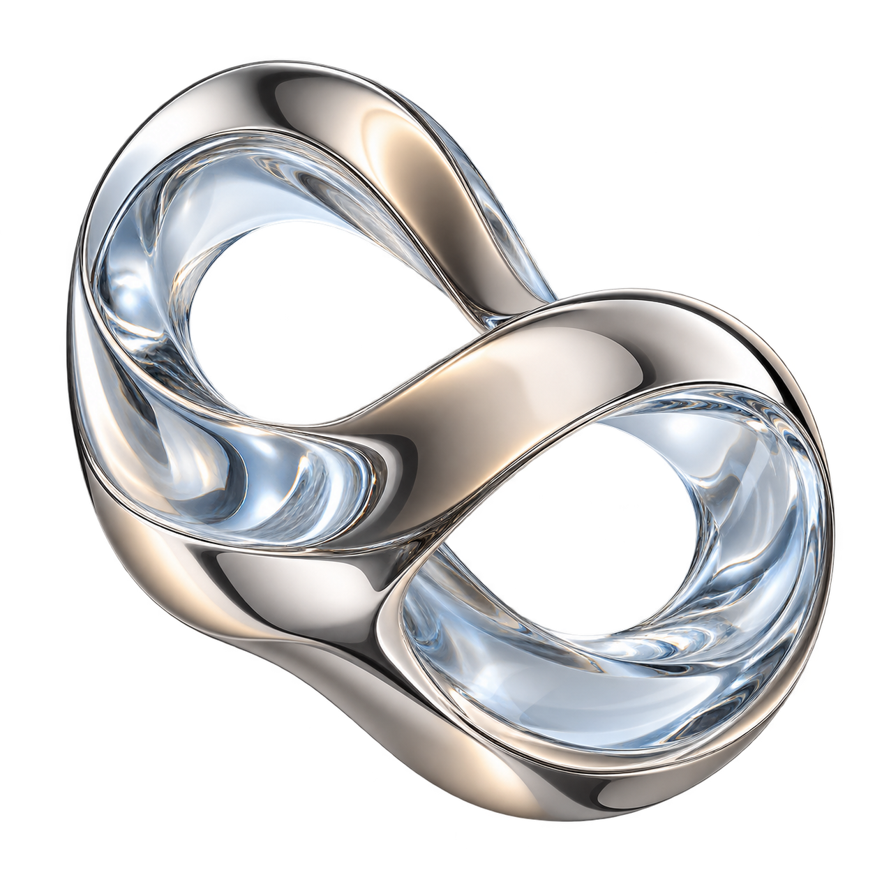 A connected loop sculpture in polished platinum and clear glass
