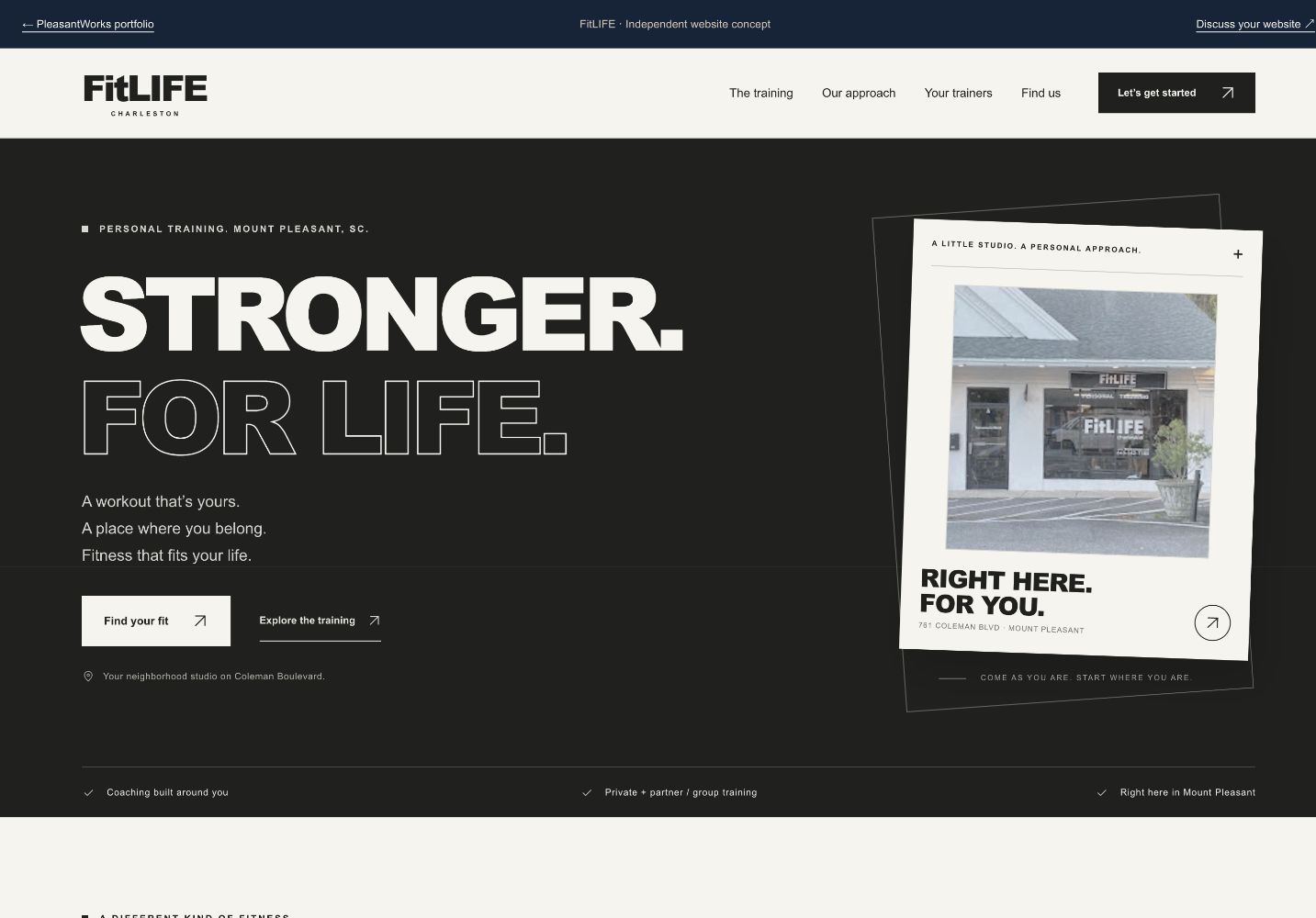 FitLIFE demo homepage, with its Stronger. For life. headline and training choices.