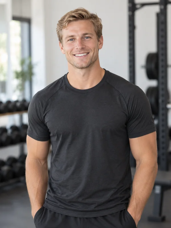 AI-generated placeholder man in a gym; not a photograph of Taylor Simyak.